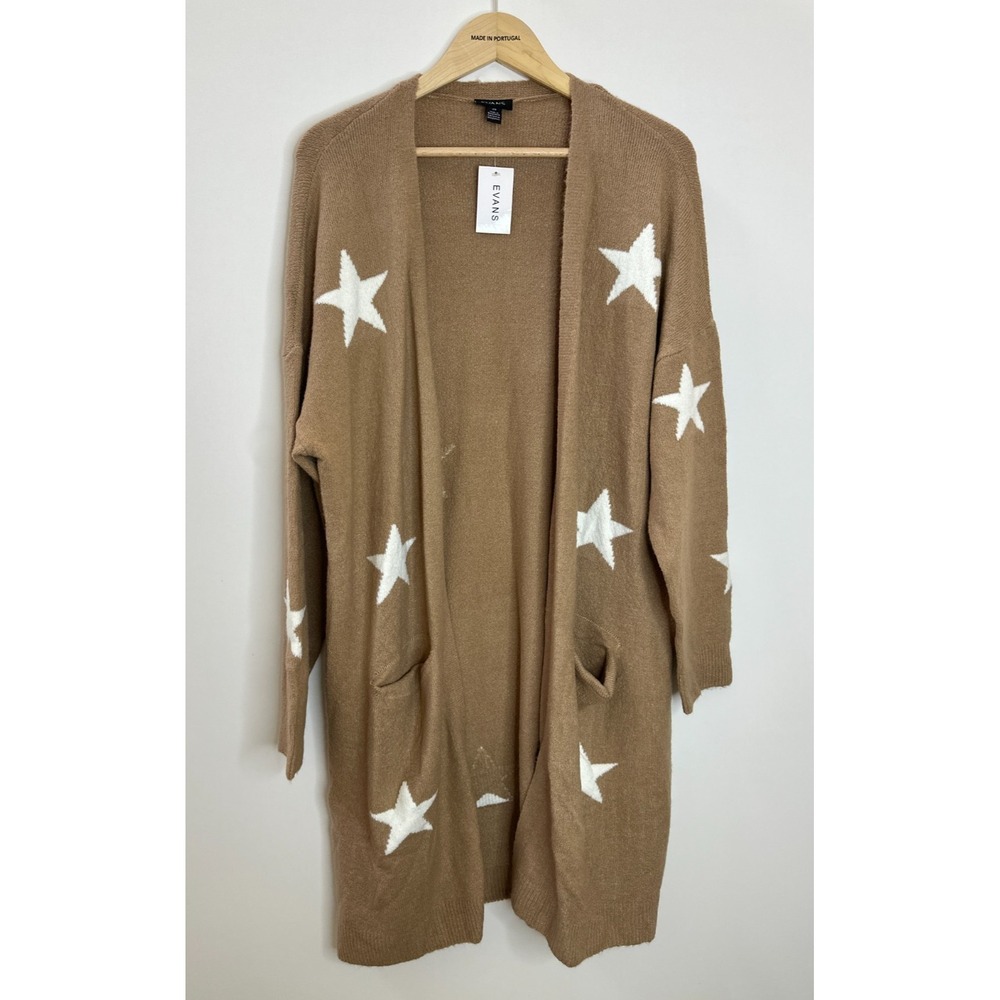 NEW EVANS Starry Camel Star Print Longline Open Front Cardigan Plus Size 20 - Picture 2 of 10